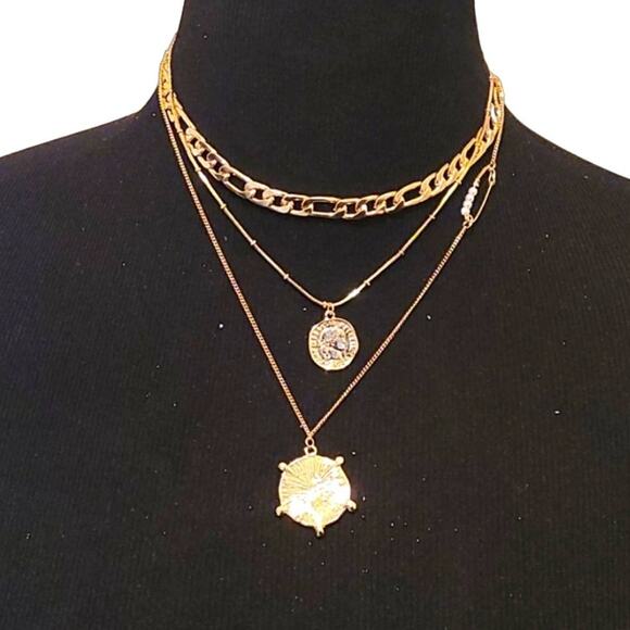 Women's Gold-Tone Multi-Layer Geometric Medallion Statement Necklace - NWOT - Picture 4 of 6